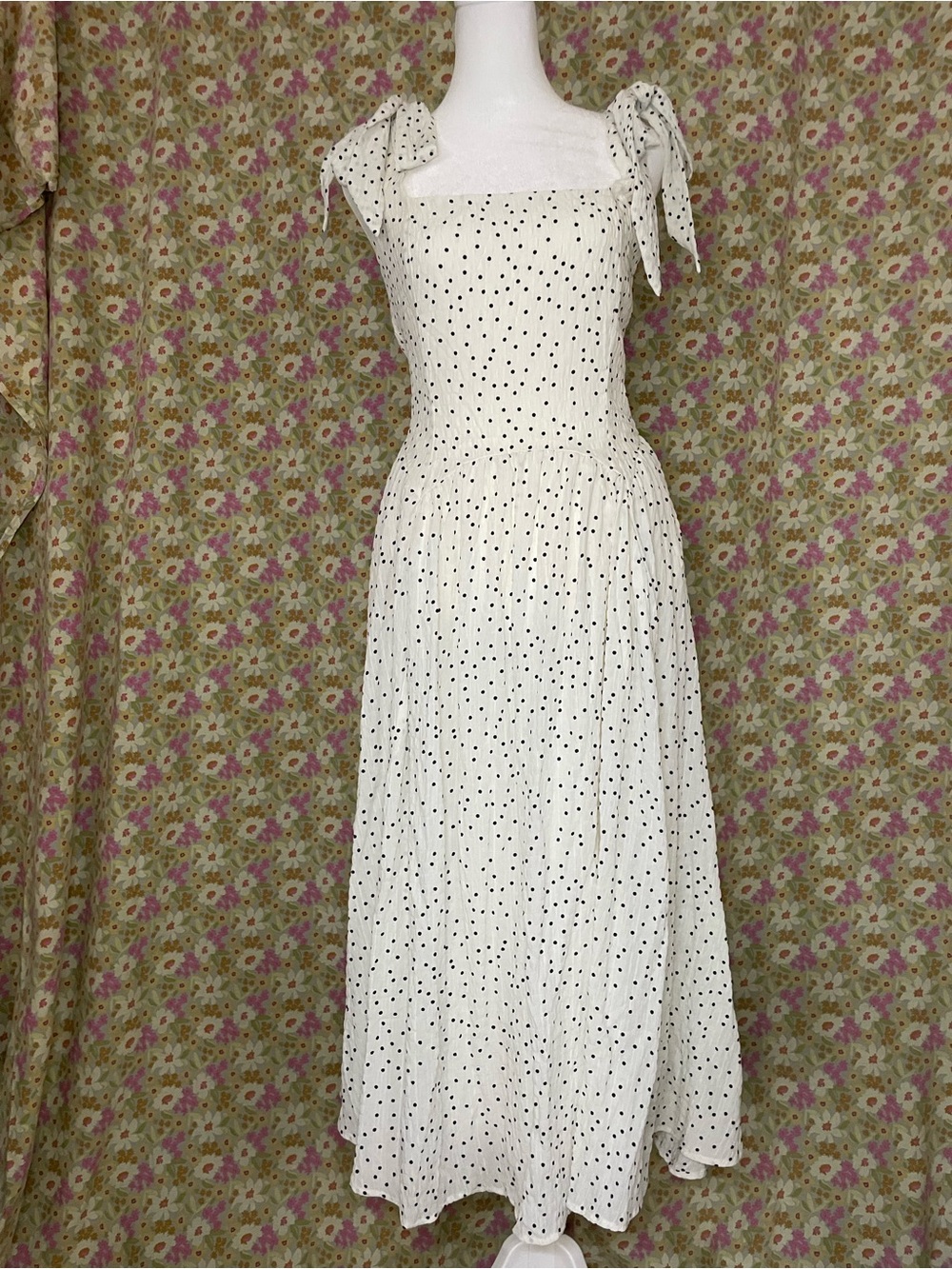 Tie-Shoulder White Polka Dot Maxi Dress
